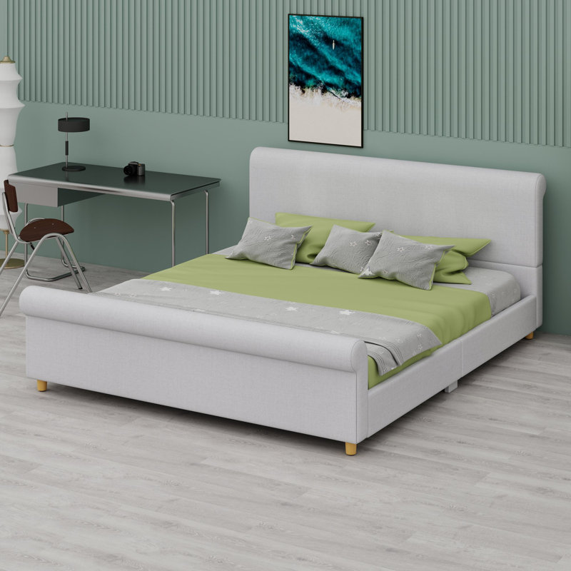 Base de lit plateforme avec pied de lit roulé et tête de lit haute pour une durabilité accrue, Très grand lit