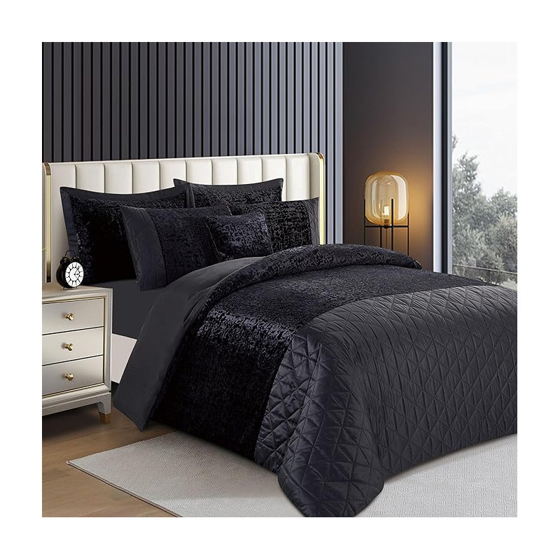 Aerith Velvet Solid Colour Duvet Cover Set with Pillowcases, King Duvet Cover Set +2 Standard Pillowcases, Black