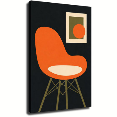 Mid Century Orange Eames Chair With Abstract Art Print Retro Canvas Wall Art