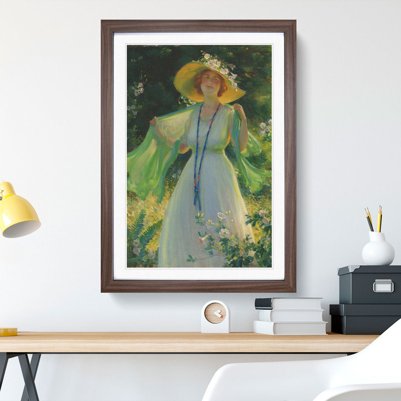 Lady in a Summer Garden by Charles Curran - Picture Frame Painting, 36cm H x 27cm W x 2cm D, Walnut Framed