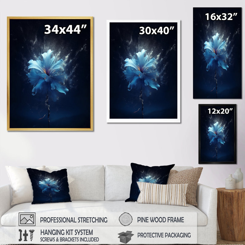 Amaryllis, fleur bleue abstraite sur toile, Toile tendue, H 32 po x l 16 po x P 1 po