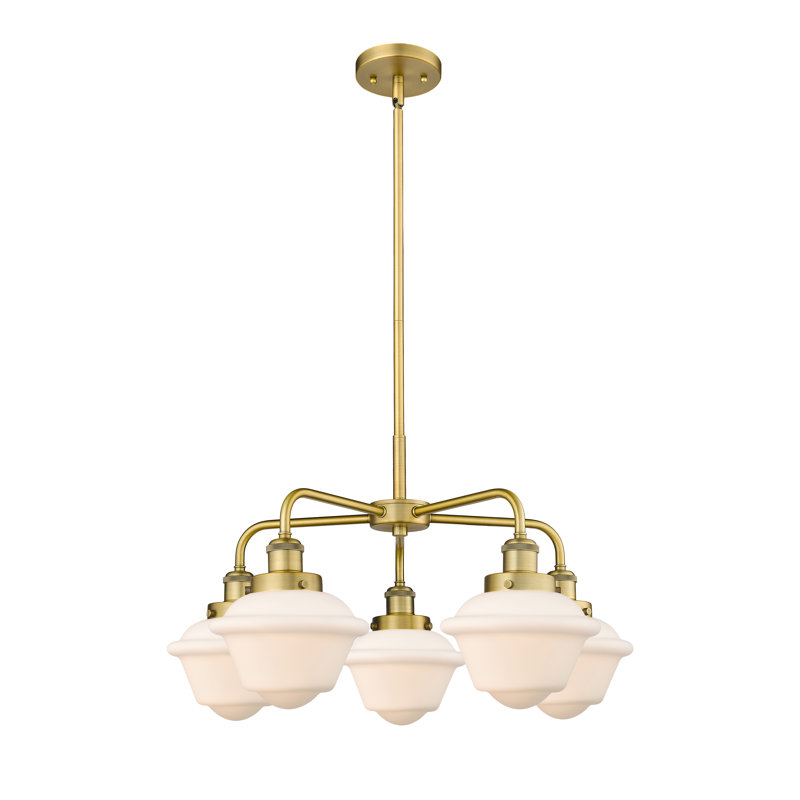 Lustre bol à 5 lumières en verre à intensité variable Grourke, Blanc mat, Laiton brossé