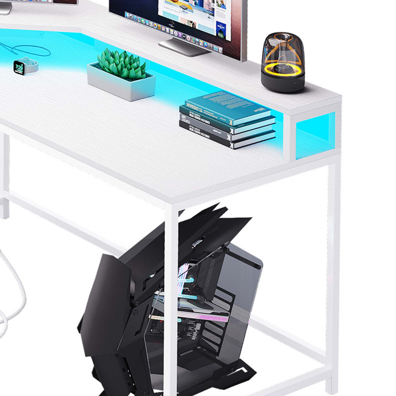 Monge 67'' L-Shape Wood Desk Computer Table with LED Light & Power Outlets, White