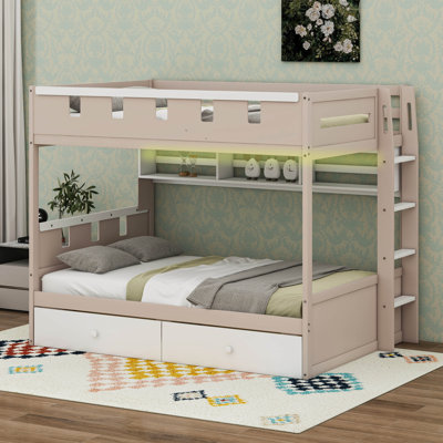 Bunk Bed With LED Lights, Wood Castle Style Bunk Bed With Storage Drawers And Shelf