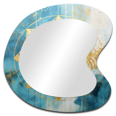 Divine Mandala Delicate Gold Gentle Turquoise VII - Boho Mandala Asymmetrical Wall Mirror, Gold Irregular Shape Decorative Mirror, Printed Metal Art