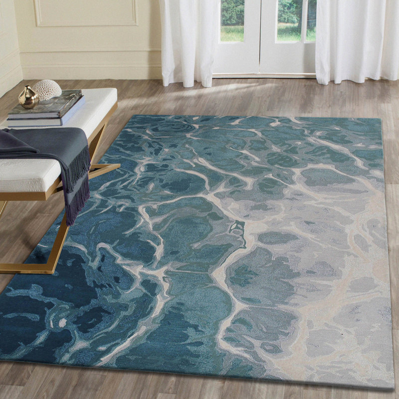 Tapis bleu en laine touffeté à la main Tasley, Rectangle 7 pi 5 po x 9 pi 5 po