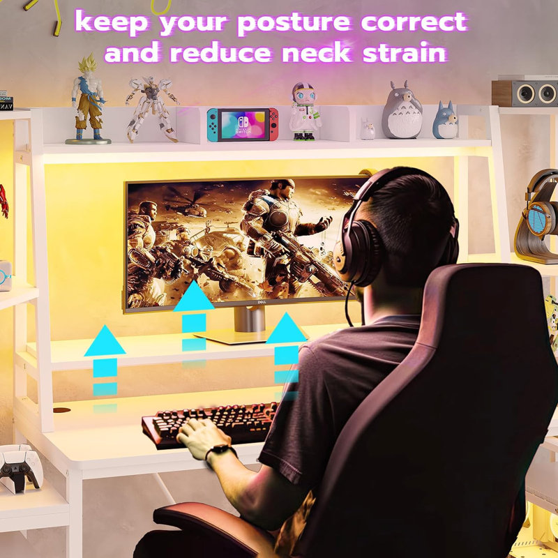 White Ergonomic Gaming Desk with LED Lights and Hutch