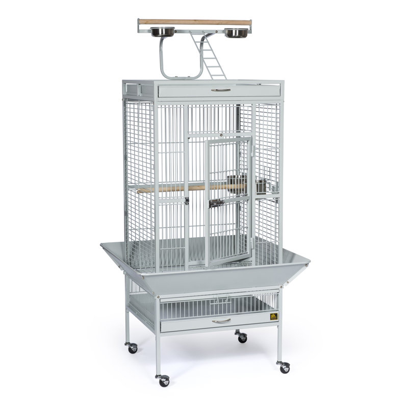 Cage à oiseau avec roues, support, perchoir, plateau Lucile, Étain, Très grand (H 67 po x l 23,5 po x P 35,375 po)