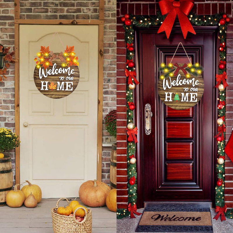 12" Brown Rustic Welcome Home Sign, 4 Wreaths 21 Interchangeable Icons, Front Door Porch Holiday Gift Decor, Brown