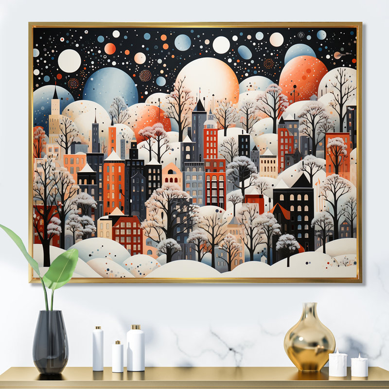 «Orange Bubble Winter Village Art Deco», art mural ville art déco, Cadre flottant doré, H 16 po x l 32 po x P 1 po