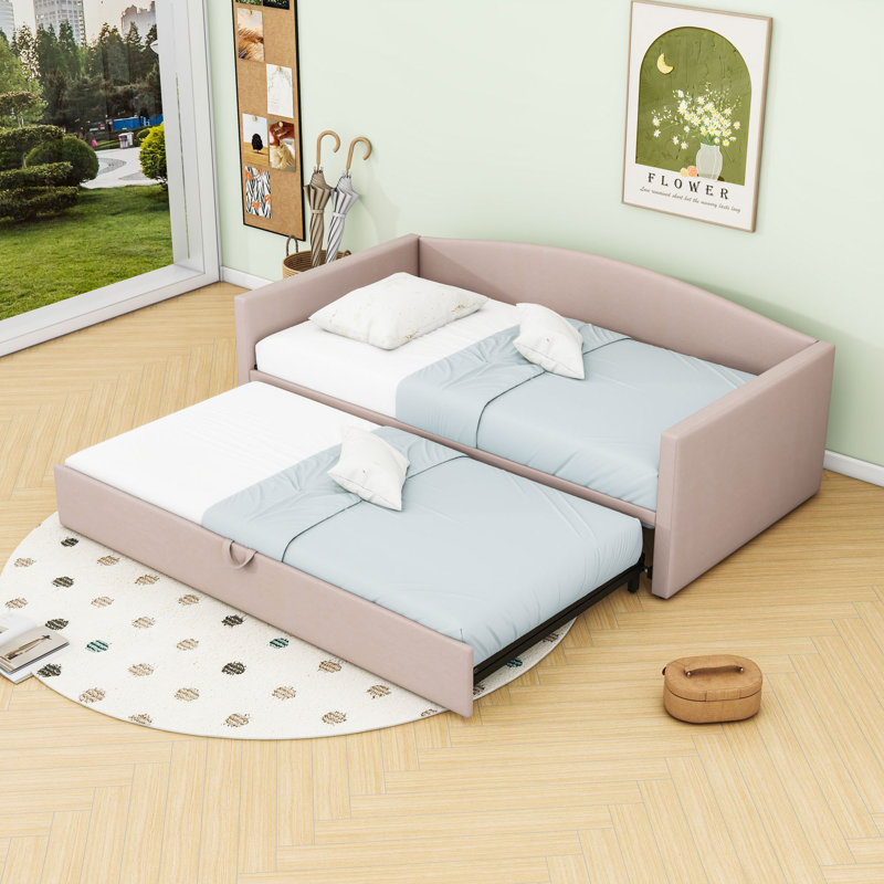 Twin Size Velvet Upholstered Daybed with Pop Up Twin Trundle, Pink