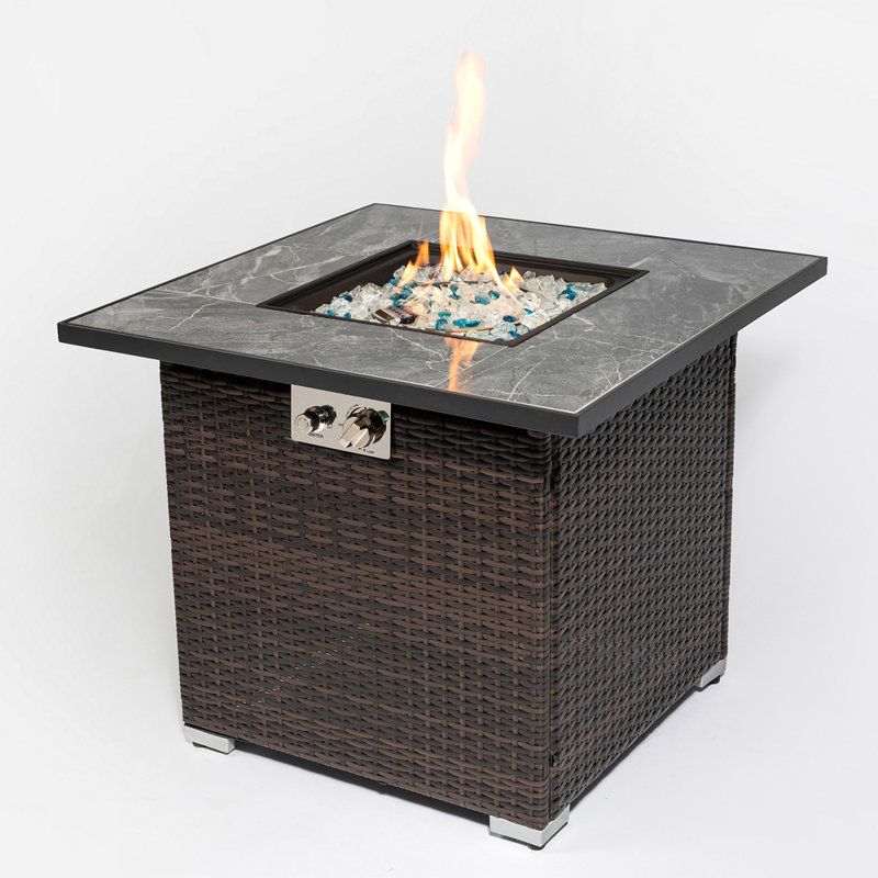 30" Propane Gas Fire Pit Table, 50000 BTU Square Fire Pit, Tile Tabletop With Beautiful Wicker Base For Outside Patio Deck Garden Courtyard-Brown