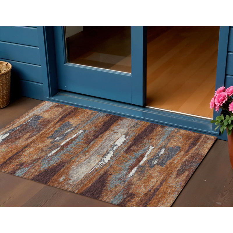 3' X 5' Copper Rust And Ivory Abstract Washable Indoor Outdoor Area Rug