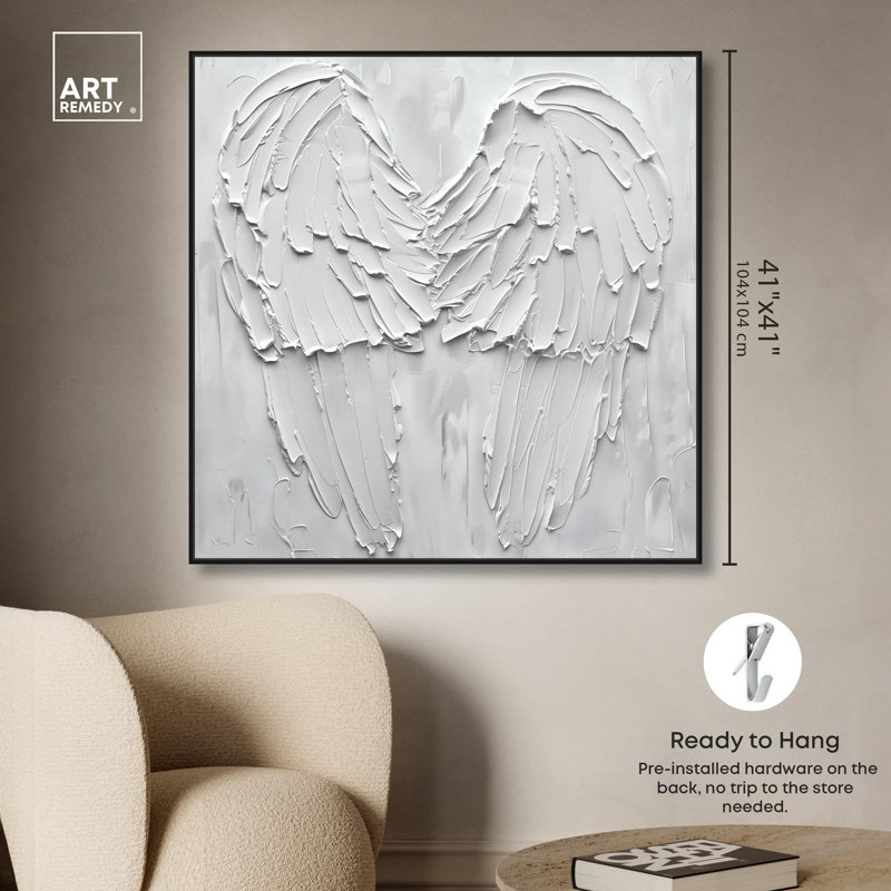 «Engrained Wings», art mural élégant en or blanc par Art Remedy, Cadre noir, H 17 po x l 17 po