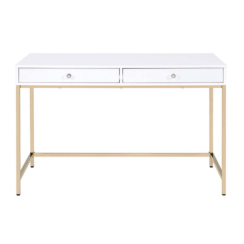 Bureau d'écriture 2 tiroirs ultrabrillant et doré, Blanc