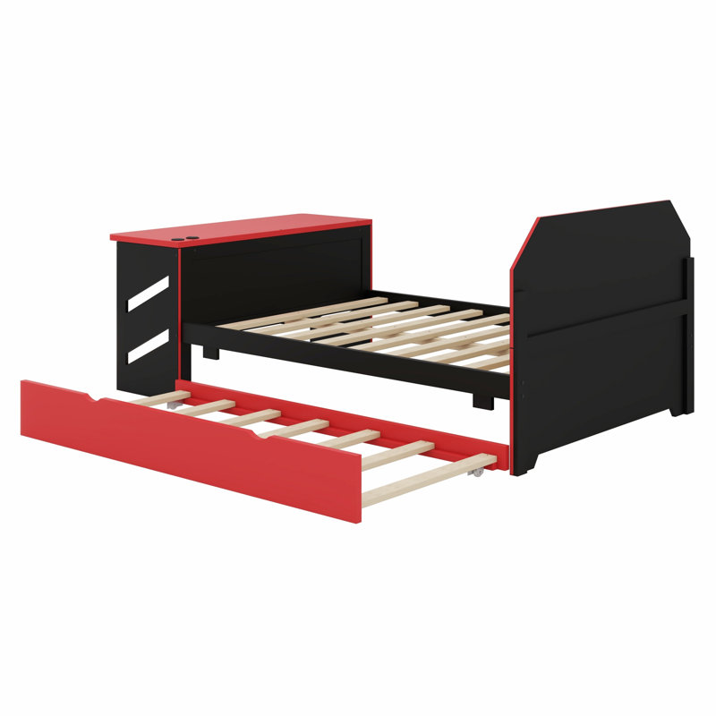 Lit de jour en bois avec couchette, bureau et port USB, Rouge / Noir