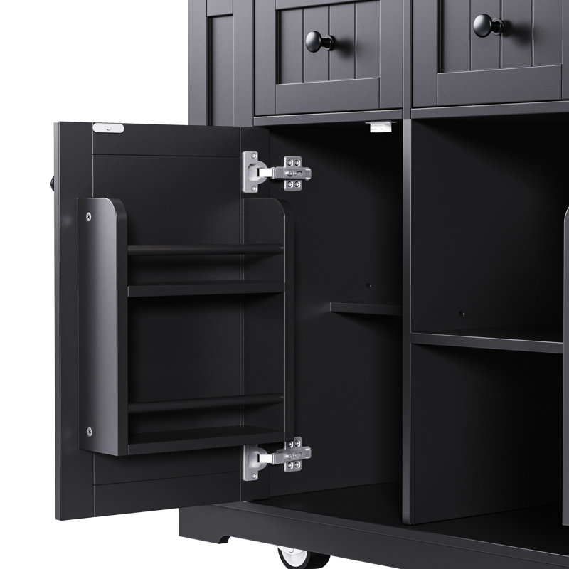 53inch Rolling Kitchen Island With Internal Storage Rack, 2 Lockable Wheels, Black For Bedroom Countertop, Door Storage, 3 Ac Outlets, Office