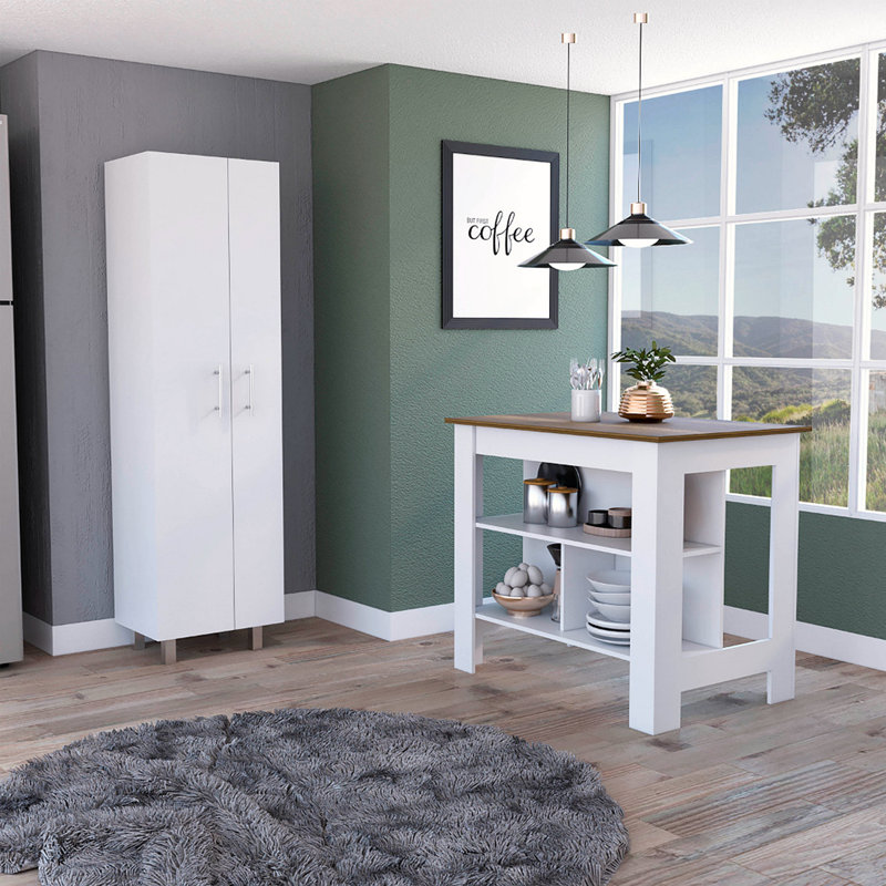 Ensemble de cuisine à 2 tablettes et 2 portes 2 pièces Hayne, îlot de cuisine et garde-manger blanc et noyer