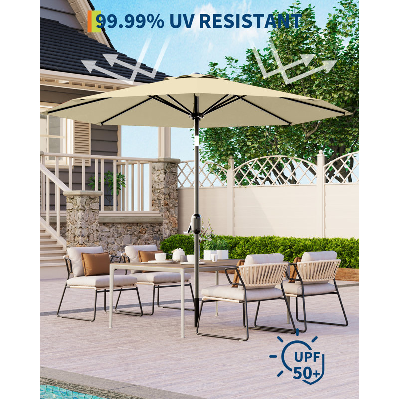 Parasol de patio 10 pi avec lumières DEL solaires - Parasol de table pour marché extérieur - 8 côtes coupe-vent, imperméable, toile résistante aux rayons UV, manivelle inclinable, pour piscine, terrasse, cour arrière - beige