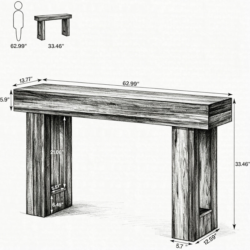 Table de canapé en bois de 63 pouces, console de style campagnard moderne pour le salon, table d'appoint pour hall d'entrée