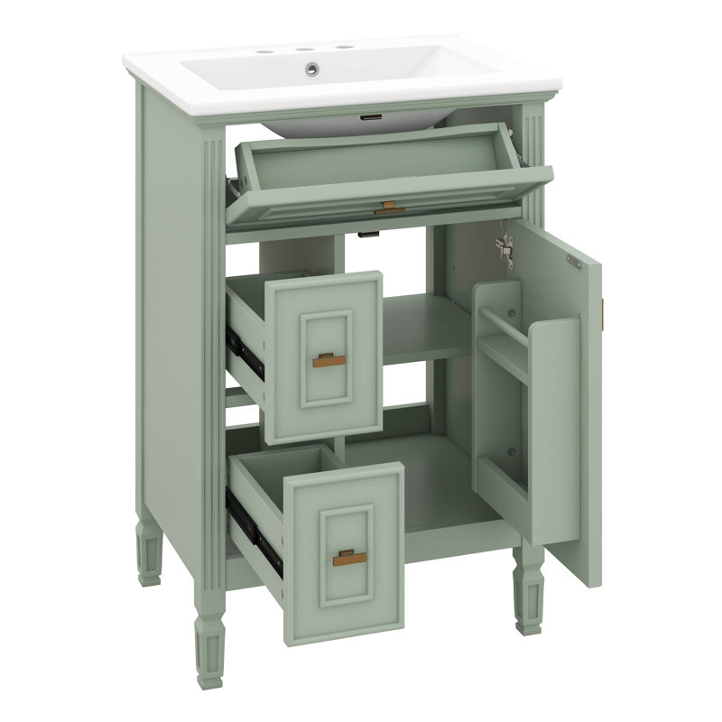Ensemble de meuble-lavabo 24 po avec lavabo, armoire autoportante avec tiroir inclinable, 2 tiroirs, tablette réglable et support de rangement