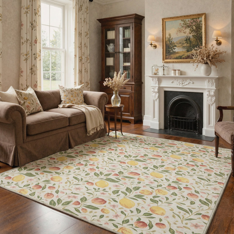 Boho Fruit Foliage Machine Washable Blush Peach Indoor Area Rug With Non-Slip Backing, Rectangle 9' x 12'