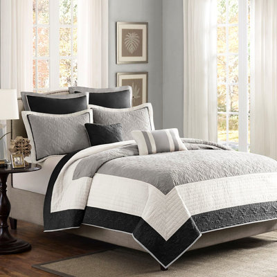 Courtepointe noire / double 7 pièces, taies décoratives européennes et coussins décoratifs, motif à médaillon, bordure unie, lavable en machine pour lit double / grand, taies décoratives, courtepointe, décoration intérieure