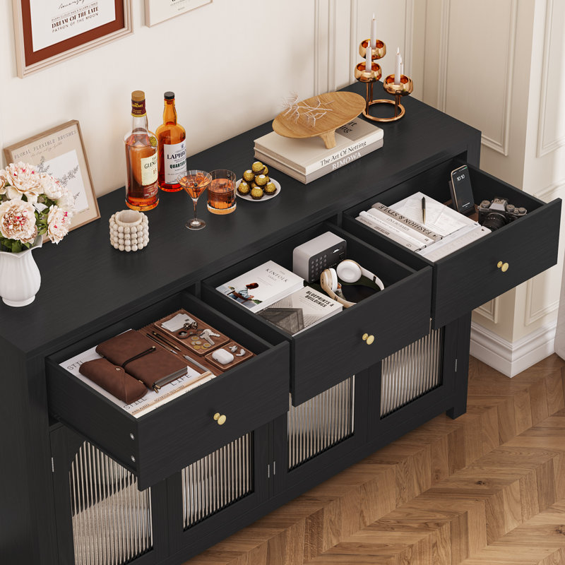 Bonnetta 55.1"W Modern Buffet Sideboard with Fluted Doors – Storage Cabinet with Drawers & Adjustable Shelves, Coffee Bar Console Table, Credenza for Living Room, Dining Room, Kitchen
