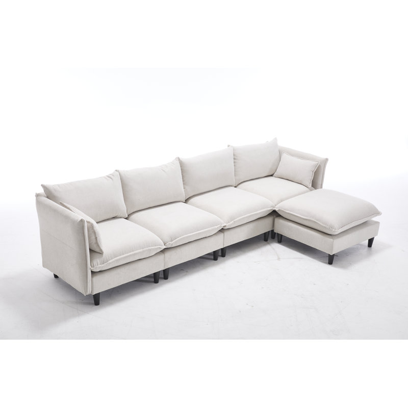 Tatum Modular Sectional Sofa with Movable Ottoman, Beige Fabric