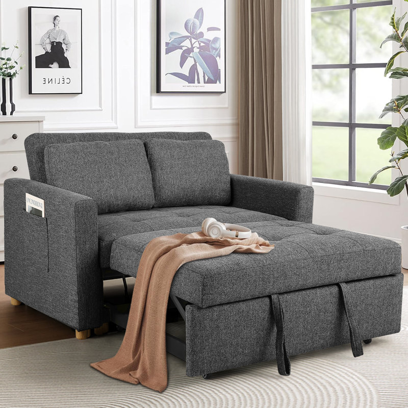 Dharius 48.7"W Square Arm Linen Back Convertible Sleeper Sofa with Cushions, Adjustable Backrest for Small Spaces, Living Room