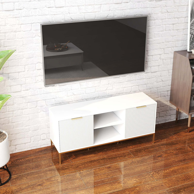 Modern TV Stand with Wave-Design Doors, Open Shelf & Adjustable Shelf - Stylish and Functional