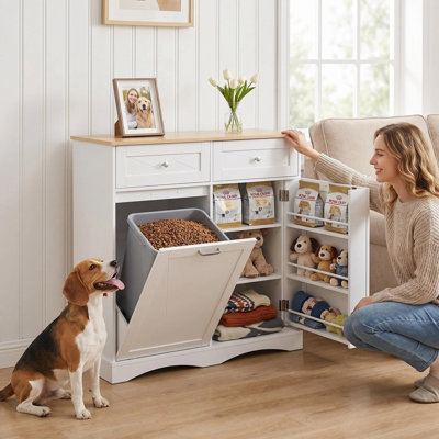 All-in-One Dog Food Station & Storage Cabinet – Tilt-Out Bin Compartment, Adjustable Shelves, White Waterproof Finish