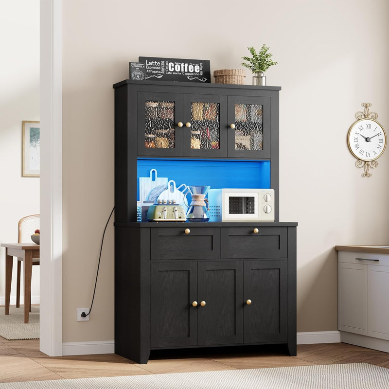 Armoire de cuisine de 66 po de hauteur, huche de cuisine moderne avec station de charge, grande armoire de rangement pour bar à café avec portes et tiroirs en verre