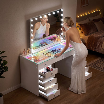 Coiffeuse 59 po pré-assemblée avec miroir Hollywood à DEL, plateau de table en verre trempé RVB, 13 tiroirs lumineux à maquillage pour la chambre à coucher