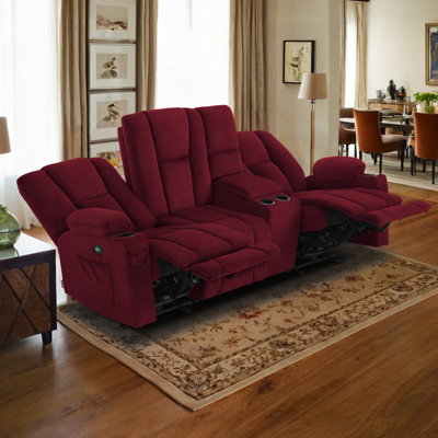 Power Reclining Sofa with Heat and Massage, USB Ports, Cup Holders, 3-Seat Dual Recliner Sofa