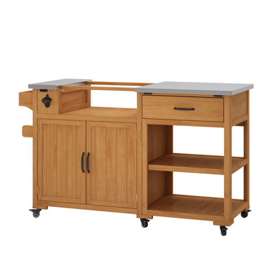 55.4" Outdoor Solid Fir Wood Kitchen Cart, Stainless Steel Top Grill Cart, Rolling Outdoor Kitchen Island with Spice Rack, Drawer, Adjustable Shelves & 4 Door Racks for Patio Deck Backyard - Natural