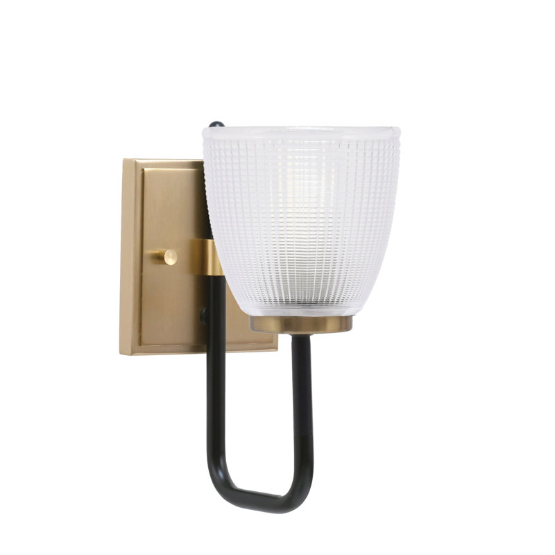 Amarmula 1 Light Wall Sconce, Matte Black & New Age Brass Finish, 5" Clear Ribbed Glass, Black/Brass