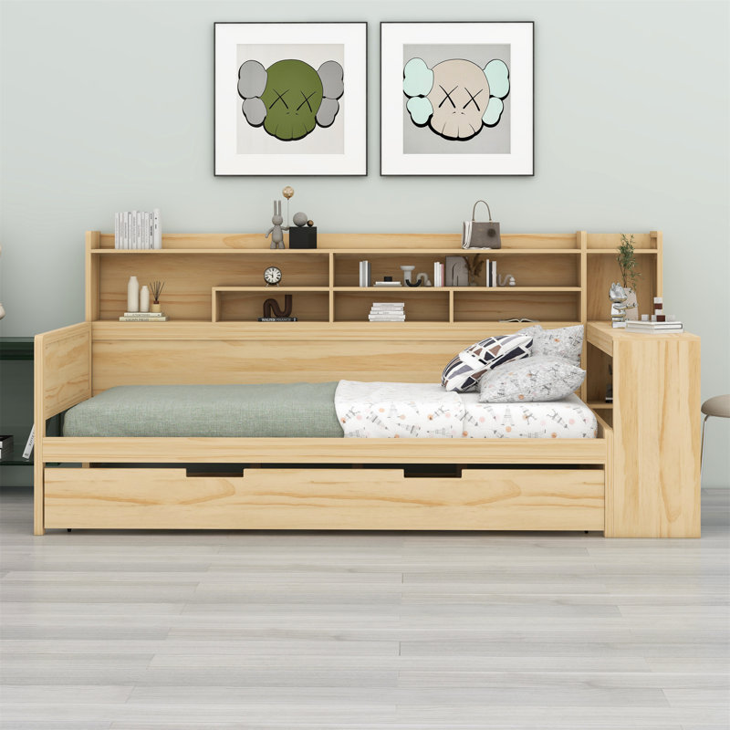 Lit de jour en bois avec tablettes de rangement, lit gigogne et bureau d'étude, Naturel