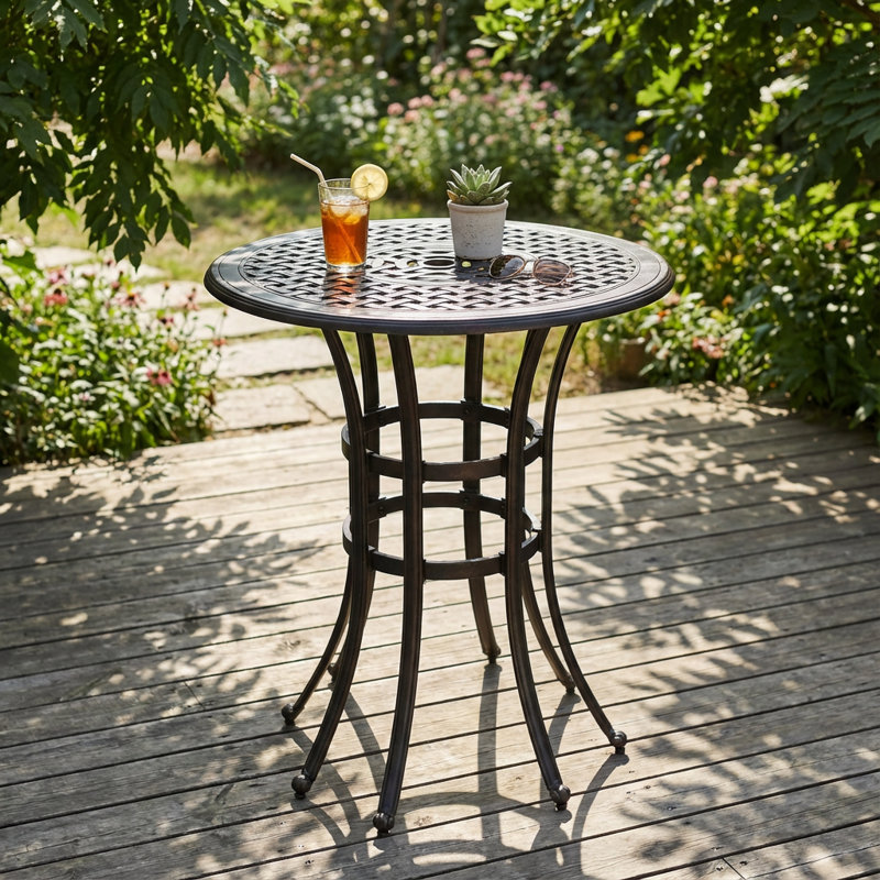 Traditional Cast Aluminum Bar Table with Lattice Pattern Top and Umbrella Hole