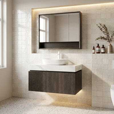 Meuble-lavabo flottant contemporain de 36 pouces avec comptoir en pierre frittée et lavabo en céramique, avec tiroir et porte pour un rangement efficace dans la finition grain de bois espresso