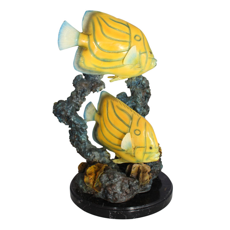 Statue de deux poissons-papillons nageant en bronze - Taille: L 12 po x l 12 po x H 24 po.