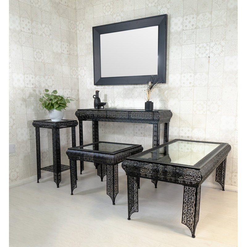 Onaga Embossed Metal & Glass Moroccan Style Console Table, Black