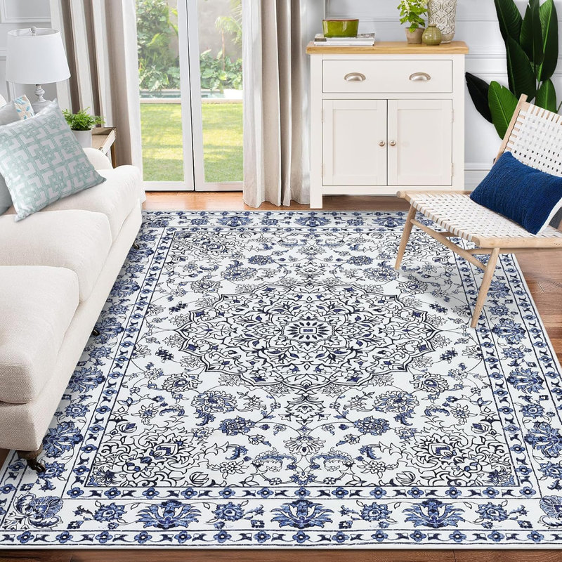 Washable Vintage Area Rug - Non-Slip Low Pile Carpet for Living Room, Bedroom & Dining Room, Water Repellent Design