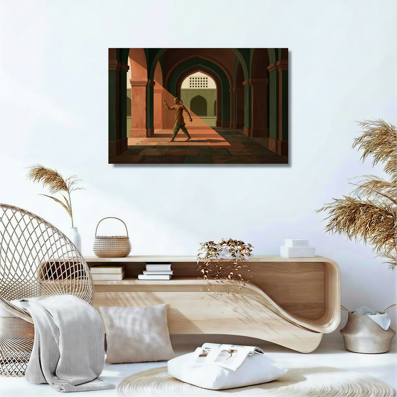 Moine marchant à travers des arches vertes et orange, art mural sur toile, H 32 po x l 48 po
