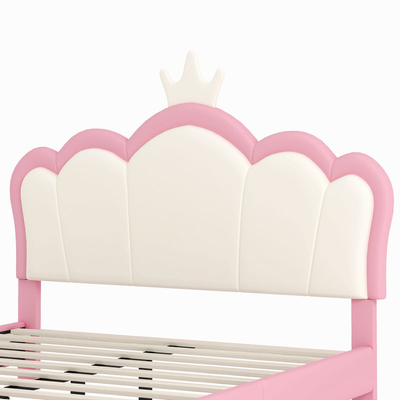 Lit princesse rembourré avec tête de lit couronne, lit plateforme avec tête de lit et pied de lit, Lit double, Rose