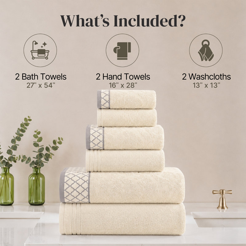 Modern Threads 6-Piece Damask Jacquard/Solid Ultra Soft 550GSM 100% Combed Cotton Towel Set with Embellished Borders, Ivory