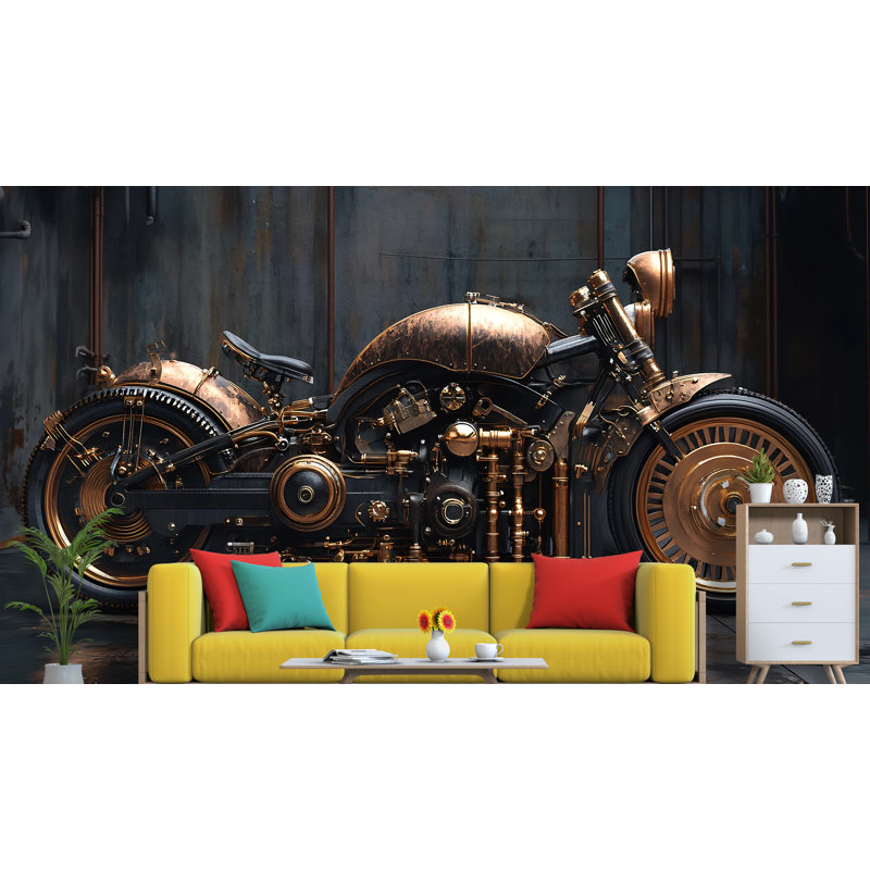 Papier peint Steampunk Moto, L 120 po x l 80 po, Texture de toile de luxe
