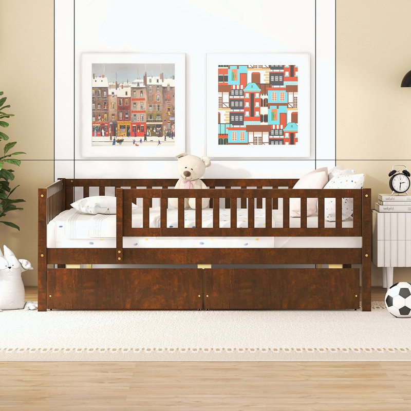 Daybed Wood Bed with Two Drawers, Walnut, Full