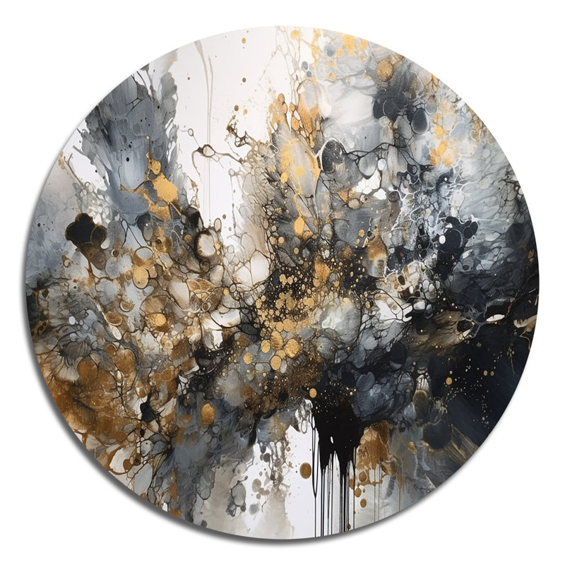 Gris délicat et délicat, coups de pinceau abstraits - art abstrait rond en marbre sur métal, H 16 po x l 16 po x P 1 po