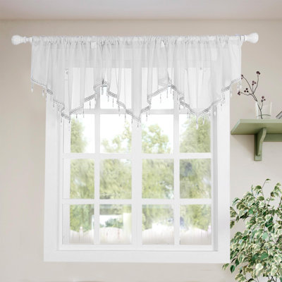 Swag Curtain 51 Inch Length Rod Pocket Scalloped Curtain Valance Sheer Lace Panels With Hanging Crystal Beads 1Pc (White, 51Wx23l)